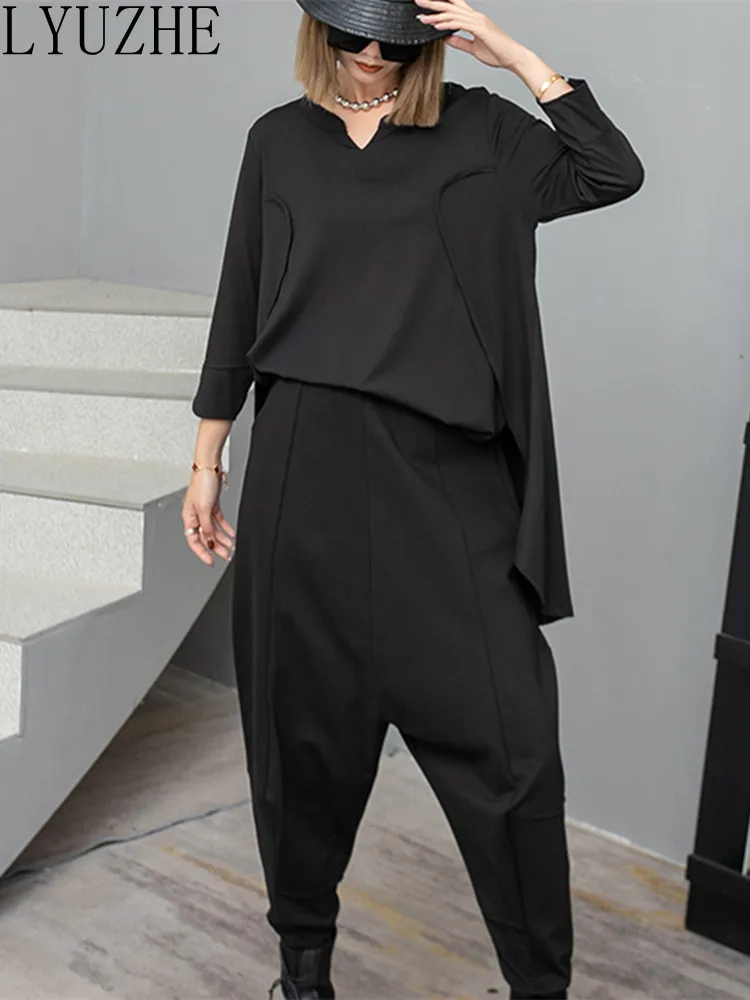 

LYUZHE 2023 Spring Summer New Women Pant Set Dark Black Style Personality Handsome Fashion Cool Suit Loose Show Thin ZXF033