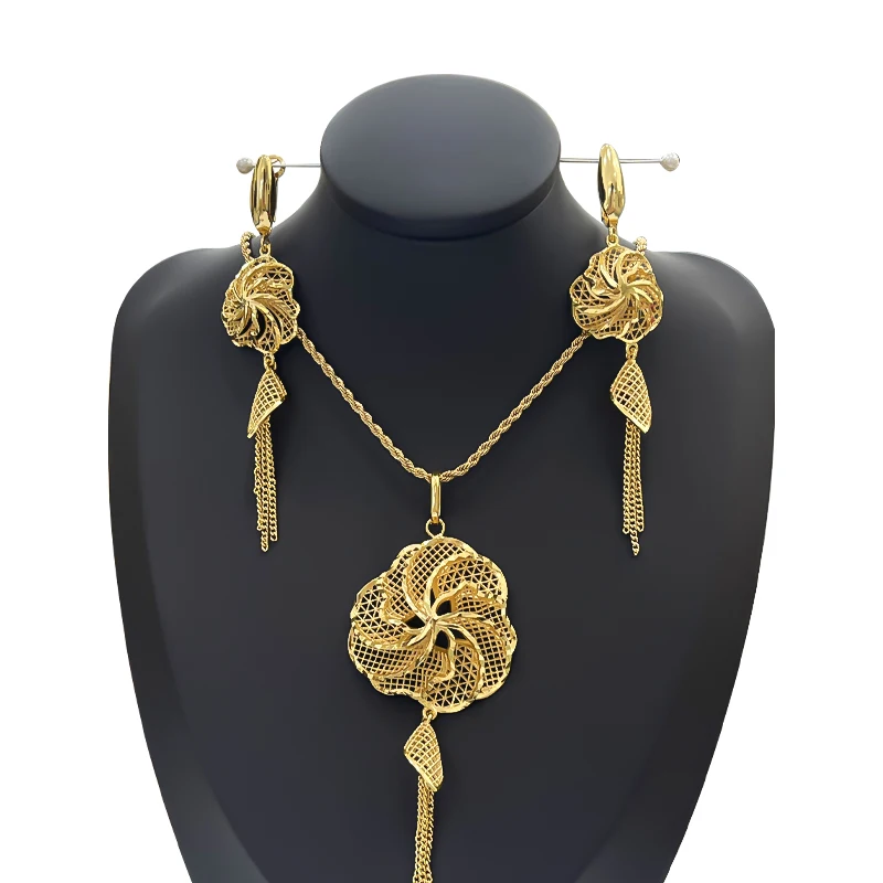 

18K Gold Plating Jewelry Set for Women Long Flower Earrings and Pendant Wedding Accessories Dubai Jewellry Anniversary Gift