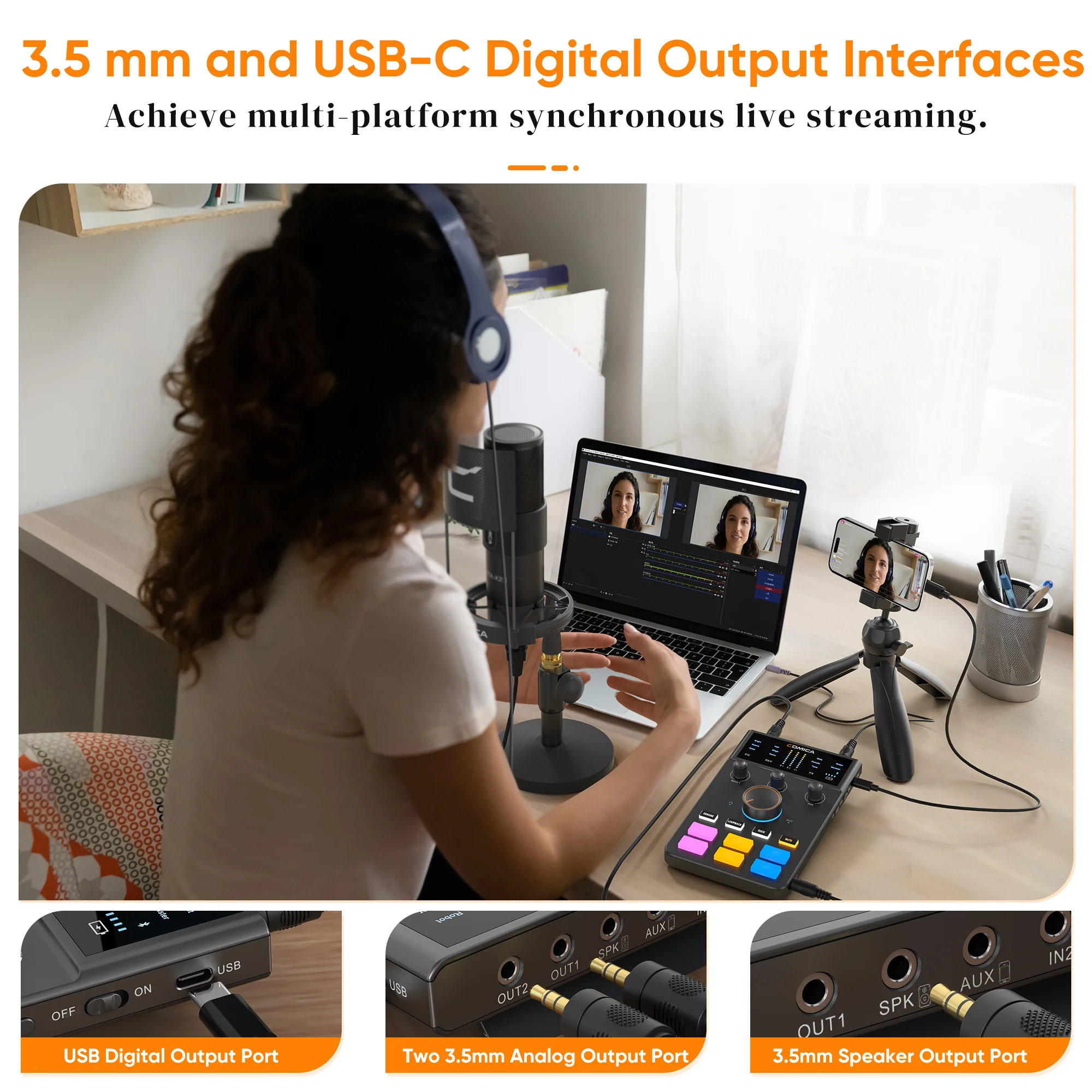 Фото Аудиоинтерфейс ADCaster C1, Bluetooth-подключение для стриминга/игр/подкастинга, звуковая карта для iMAC, iPhone, Android №4