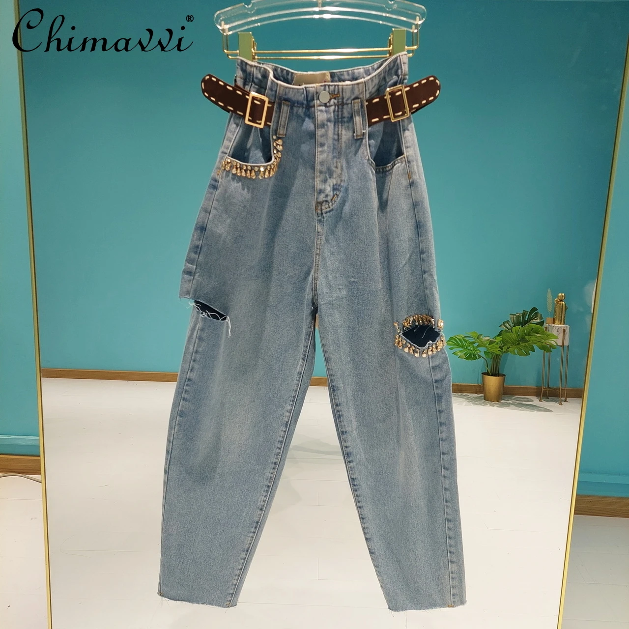 

Thailand Diamond Imitation Leather Belt Trousers Light Color Heavy Loose Streetwear Hip Hop Wide Leg Jeans 2022 Summer New