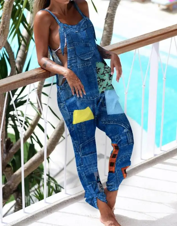 

2023 Summer New Denim Look Print Pocket Design Fashion Simplicity Cultivate One's Moral Character Women's Suspender Jumpsuit