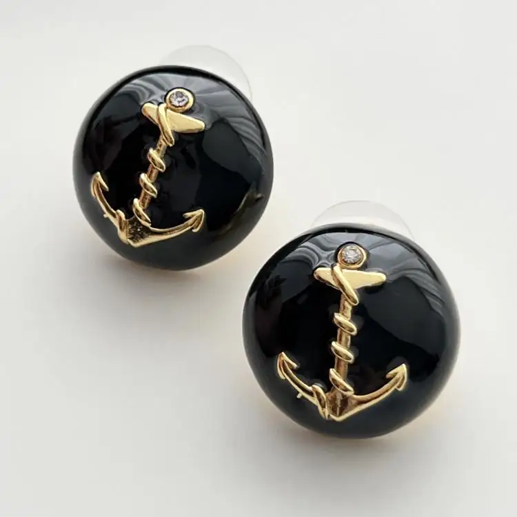 

European and American circular drip oil inlaid ship anchor earrings