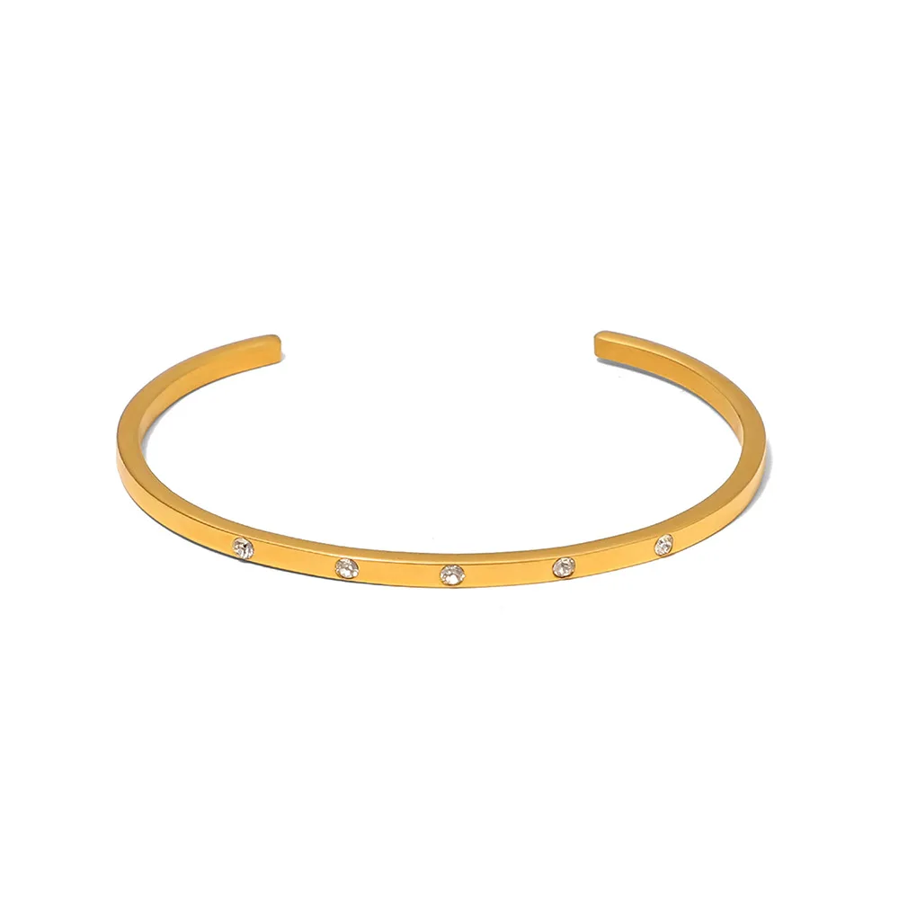 

Opening Stainless Steel Round Zircon Wrist Bracelet Bangle 18K Gold Plating Minimalist Texture Statement Brand Jewelry for Women
