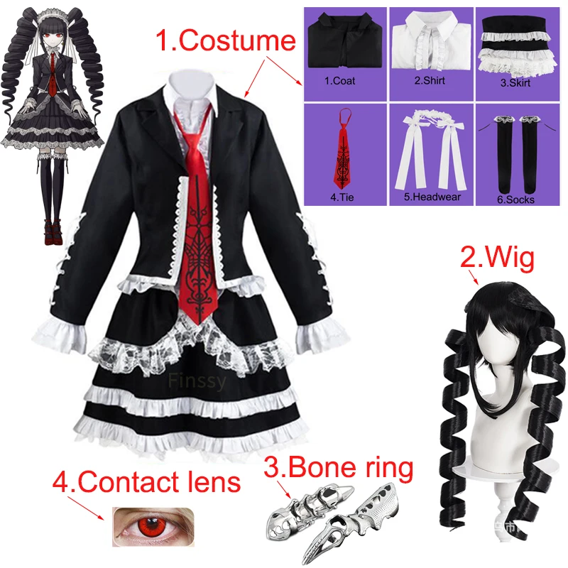 

Anime Danganronpa Celestia Ludenberg Cosplay Costume Yasuhiro Taeko Cosplay Wig Metal Bone Ring Red Cosmetic Contact Censes