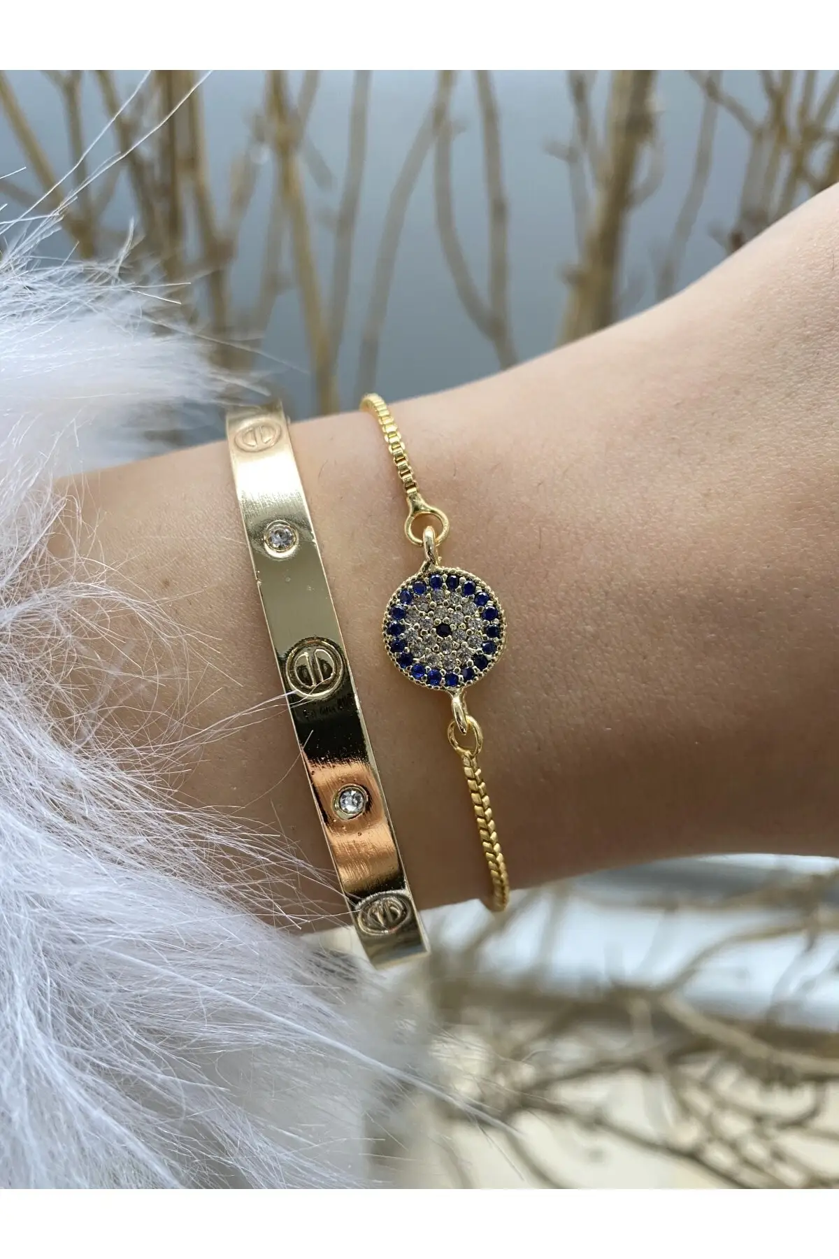 

Женский комплект браслетов 2 Li Kombin золотого цвета, не позолоченные браслеты из циркония и камня, элегантные модные и элегантные аксессуары. ...