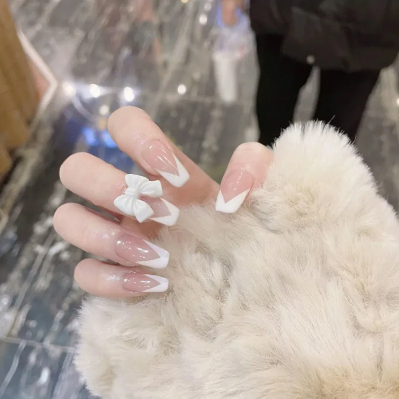 

24PCS White Bow Fake Nail Patch Sweet Style Glue Type Wearable Removable Manicure Nail Art False Nails накладные ногти