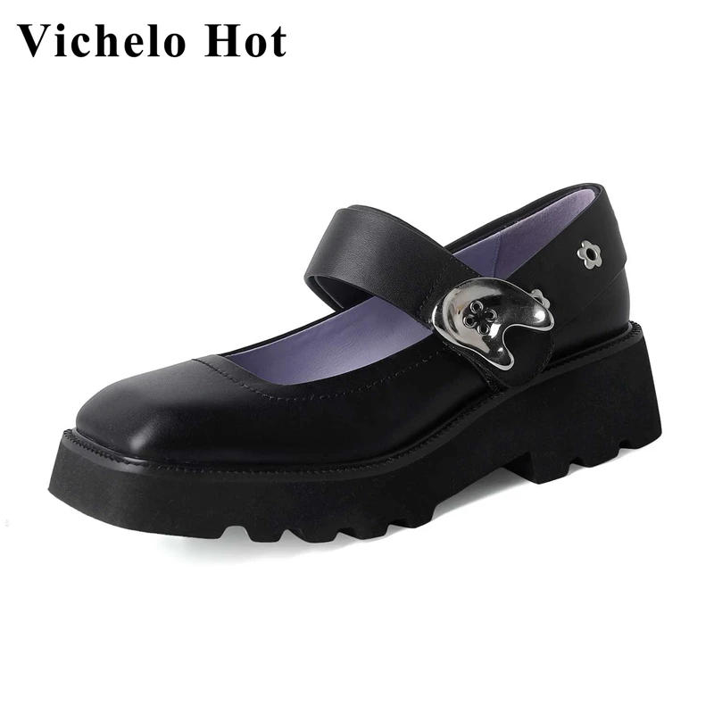 

Vichelo Hot full grain leather square toe med heel platform beige black beauty lady streetwear handmade brand women pumps l28