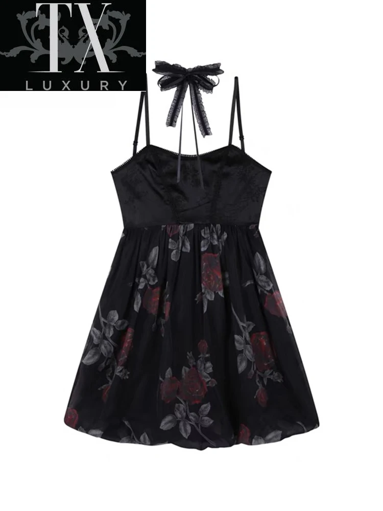 

2022 Women's Y2k Fashion Party Vacation Vintage Rose Sexy Black Gauze Mini Dress Summer Goth Sleeveless Princess Fluffy Dresses