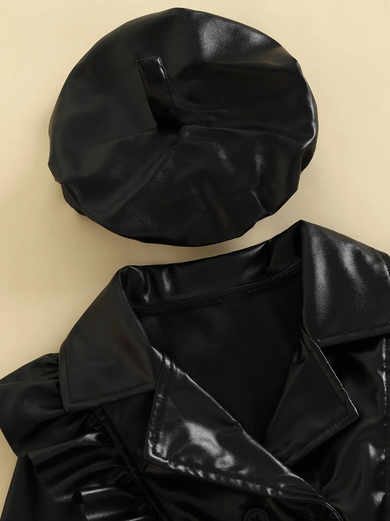 

Cute Toddler Girl Winter Outfit Set with Pom Pom Beanie Hat Long Sleeve Lapel Faux Leather Dress and Tulle Skirt