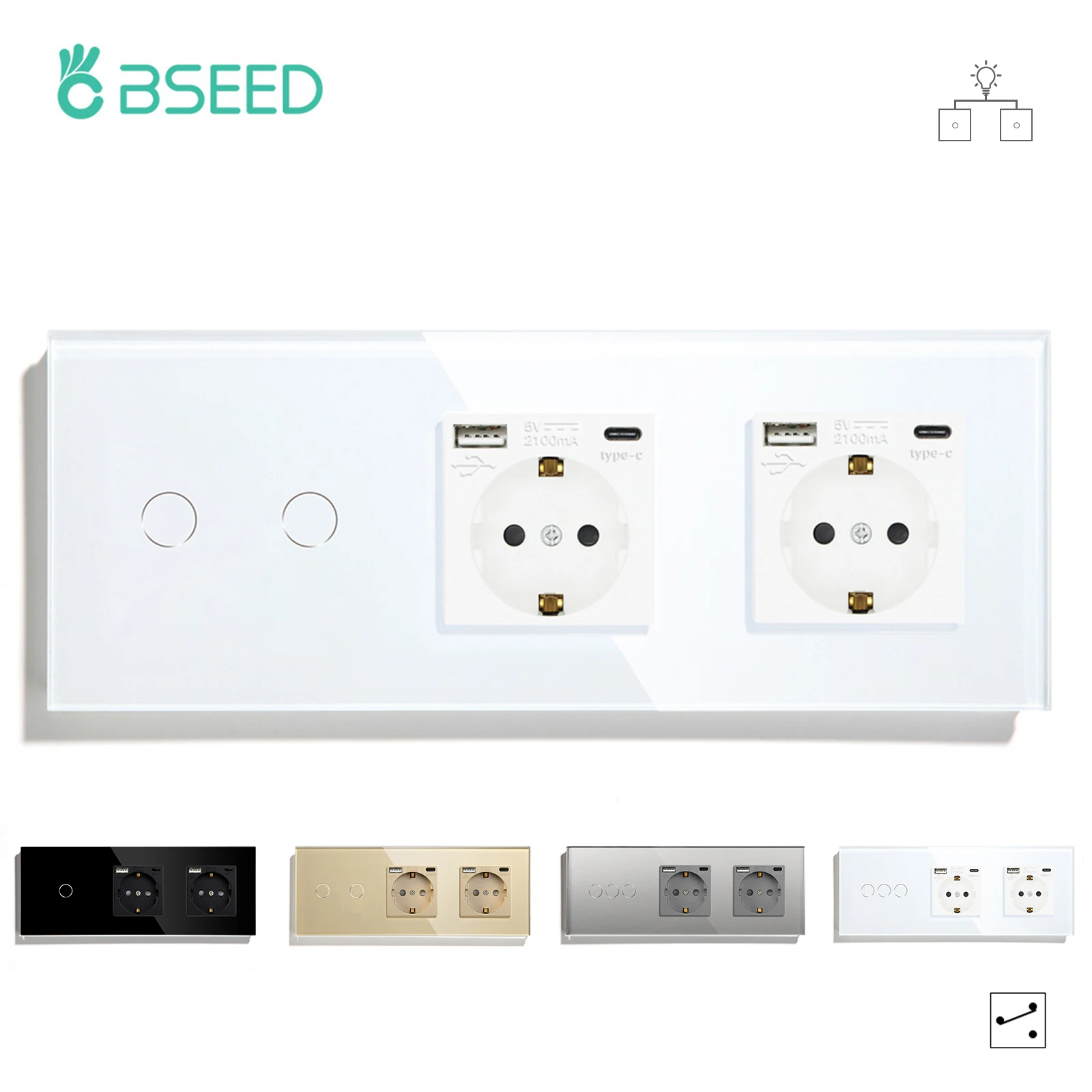 

BSEED EU Standard 1/2/3Gang 2Way Touch Switch With Double EU Sockets Wall Light Switches Crystal Glass Panel Power Sockets 16A