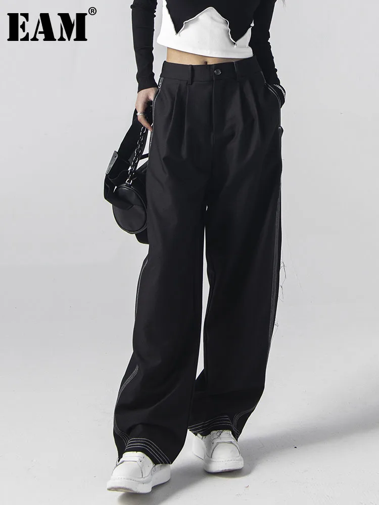 

[EAM] High Waist Hem Striped Long Wide Leg Floor Length Trousers New Loose Fit Pants Women Fashion Spring Autumn 2022 1DE7260