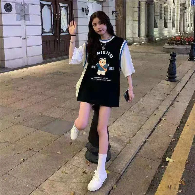

Summer 2022 New Loose Printed Bear Large Size Women's T-shirt Top Stitching Fashion Mid-length Short-sleeved Thin Section
