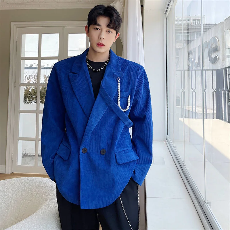 

Blue Korean Menswear Beaded Corduroy Blazers New Loose Notched Double Breasted Thick Suit Jacket Male Tide Autumn 2023