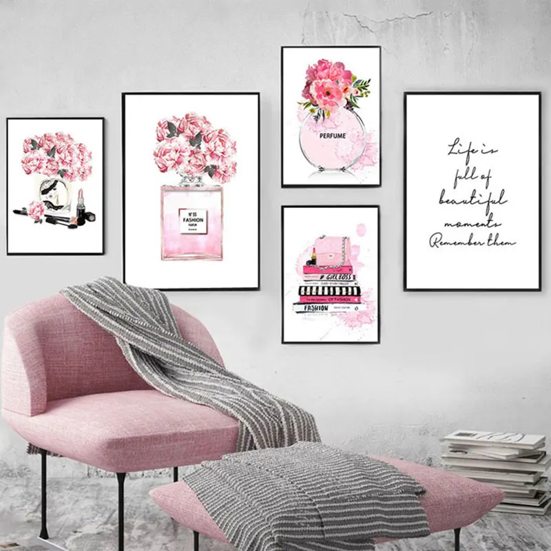 

Fashion Pink Beauty Makeup Posters And Prints Perfume Flower Bag Cosmetic Canvas Painting Girl Room Home Decor Wall Art Pictures