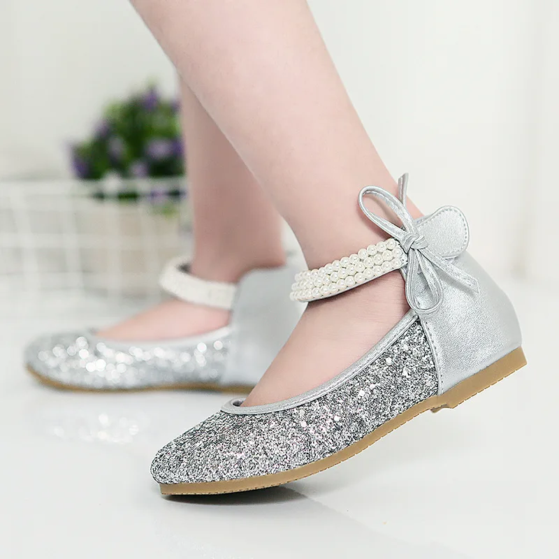 

Children's Princess Shoes Pearl Sequin Bow-tie Solid Red Sliver Fashion Casual Leather Dacing Shoes Breathable Elegant Shoes