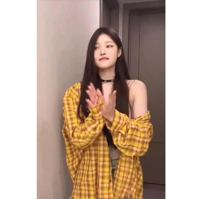 Осень 2024 новая желтая клетчатая рубашка с длинным рукавом американский стиль