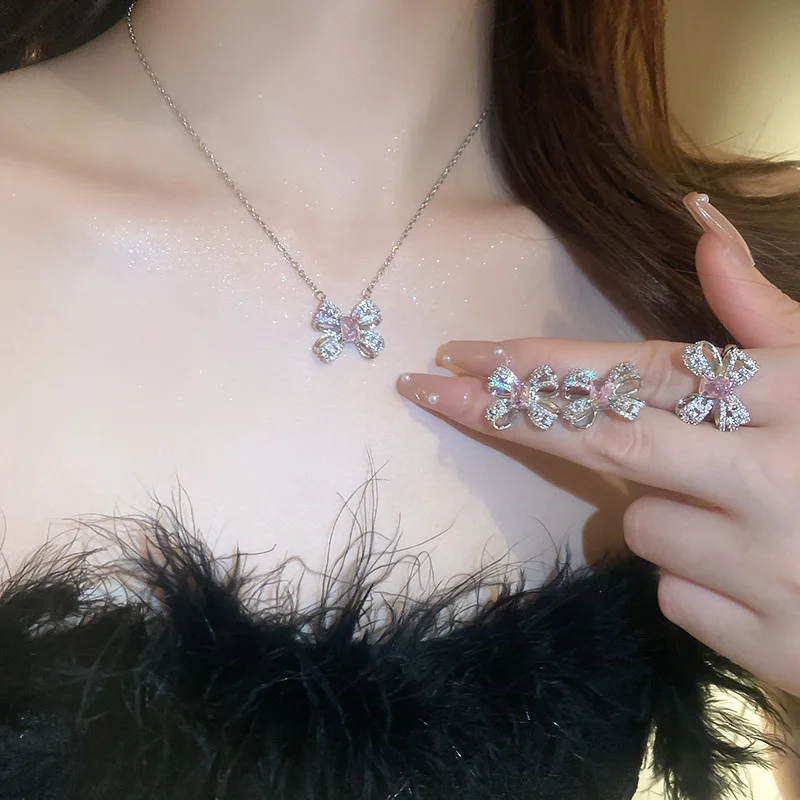 

YOUNGX Trendy Zircon Bowknot Pendant Necklace Elegant Sweet Shiny Crystal Earrings Rings For Women Jewelry Set Gift