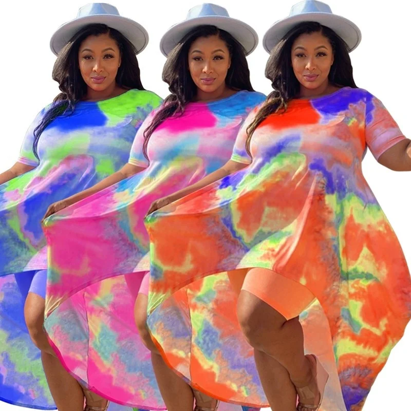 Plus Size Shorts Sets Women Summer Holiday Two Piece Suits Tie Dye Long Style Top Short Leggings Outfits Whol 3xl 4xl 5xl 6xl