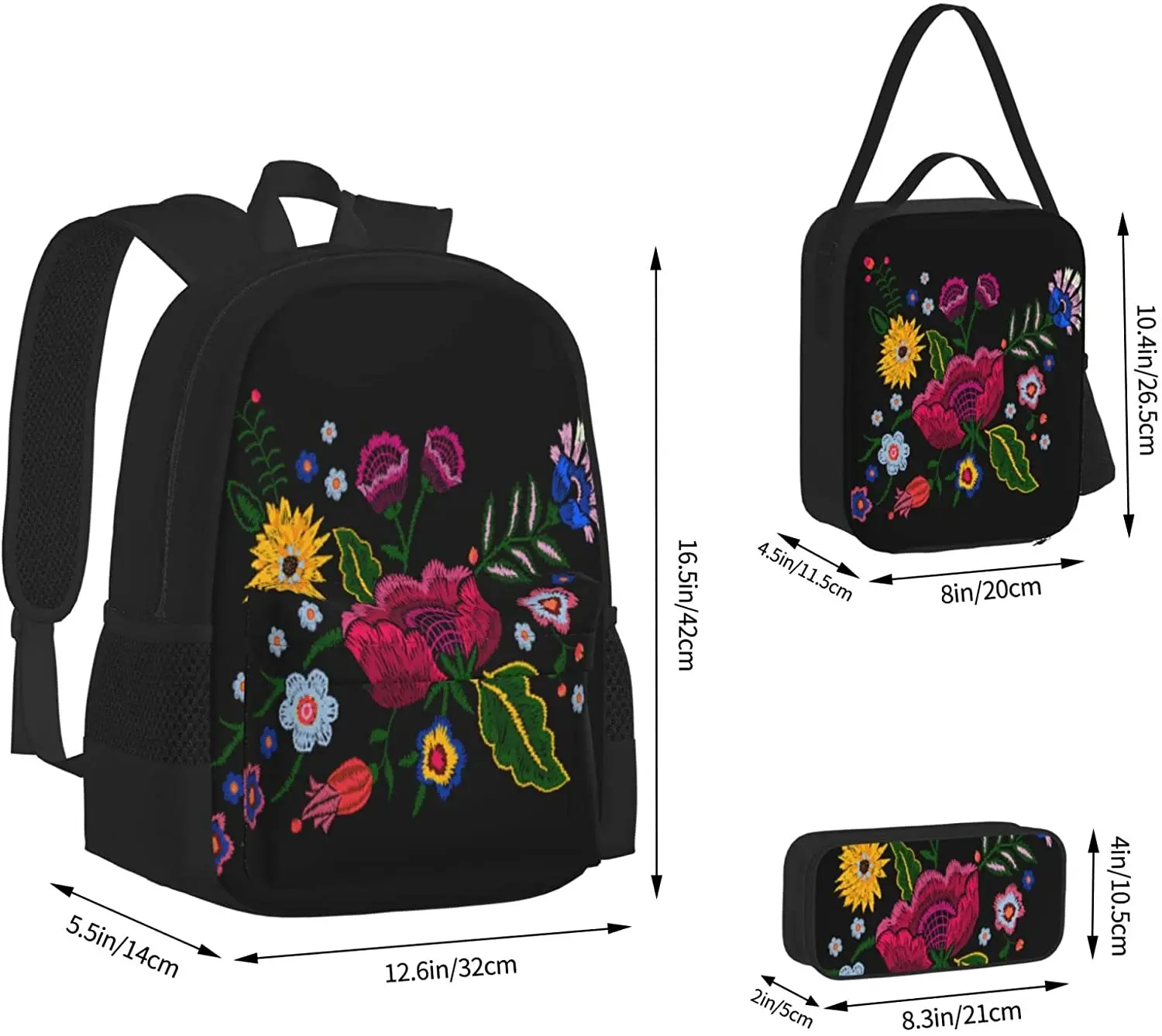 Flowers Beauty Fashion Mexican Schoolbag Travel Bag Casual Daypack Lunch Bag Pencil Case for Boys Teens Girls 3pcs Sets