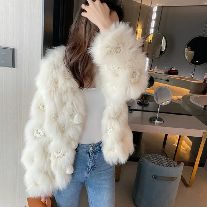 Fashion Winter Fox Fur Knitted Floral Coats Sweet Slim V Neck Sweater Handmade Crochet Elegant Women Long Sleeves Overcoats