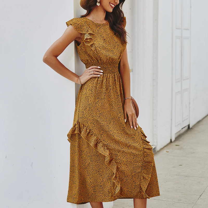 

Women 2021 Summer Fashion Elegant Sexy Beach Ruffles Midi Dresses Print Dot Boho Vacation Dress Women Cottagecore Vestidos Robe
