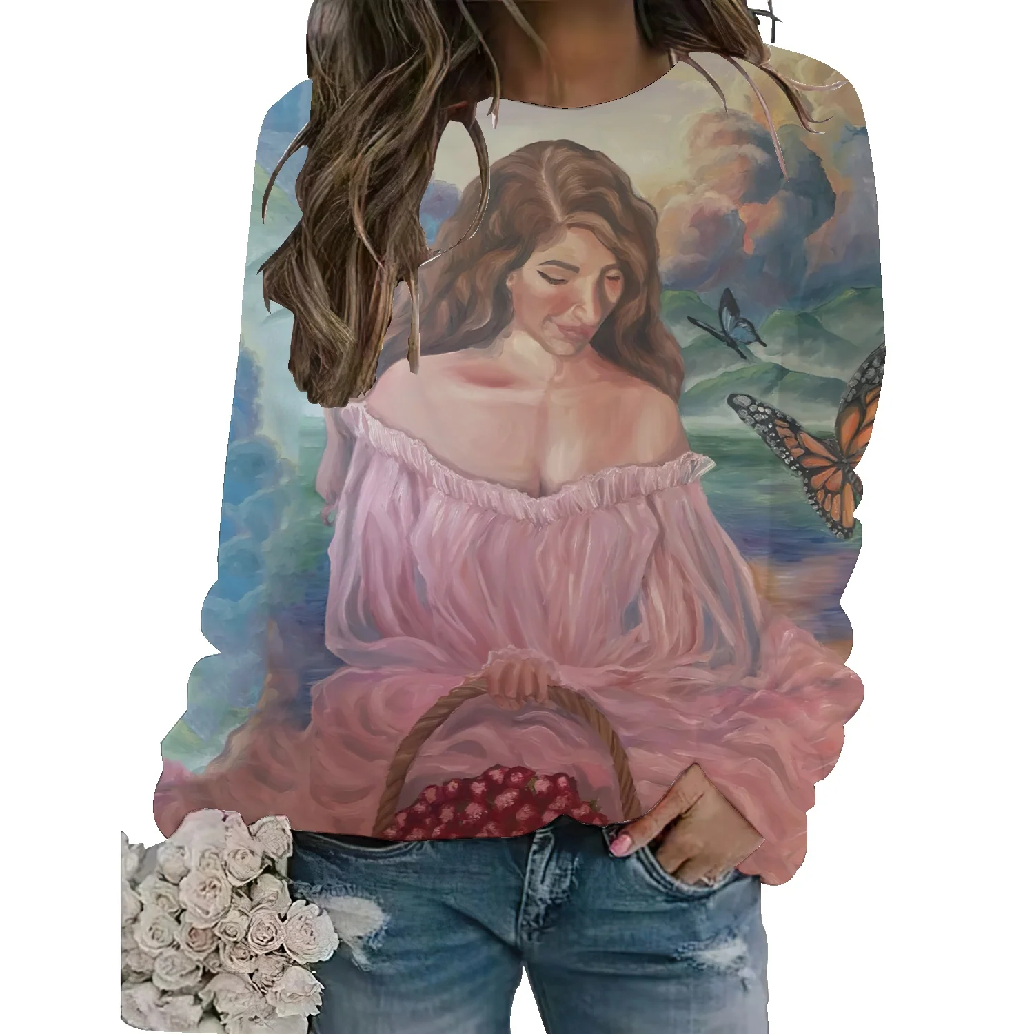 

Women's Flower Oil Painting American Lazy Wind Thin Sweater Women's Loose Fashion Casual Versatile Mid-Length Pullover Shirt