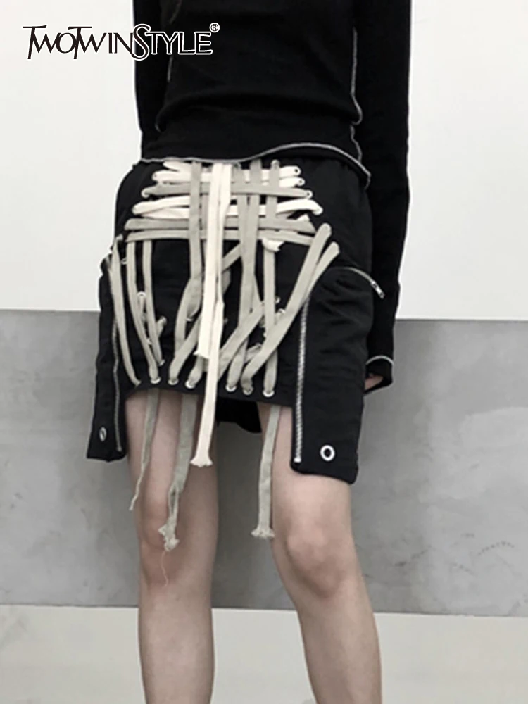 

TWOTWINSTYLE Patchwork Lace Up Colorblock Skirt For Women High Waist Straight Mini Skirts Female Korean Fashion Clothing Style