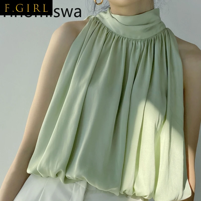 

F GIRLS High End Temperament Shirt Blouse Women Halter Sleeveless Pleated Blusas Mujer Solid Color All-match Cheimse Femme