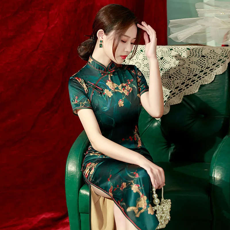 

Женское двухслойное платье в китайском стиле Yourqipao, Длинное Зеленое элегантное вечернее платье-Ципао в стиле ретро для подиума, для лета