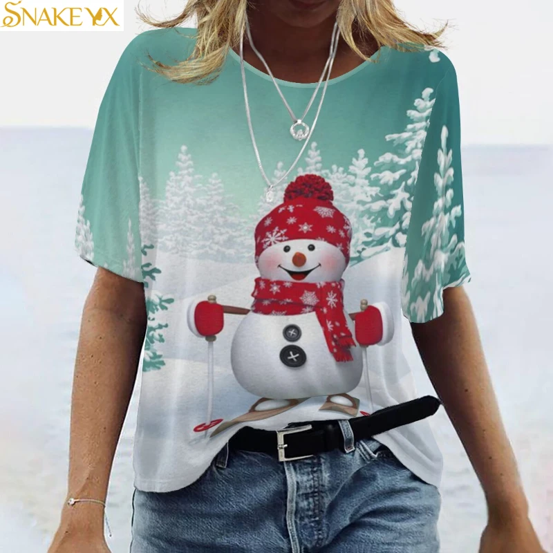 

Snake Yx Women's New Fashion Christmas Print Crew Neck Short Sleeve Top