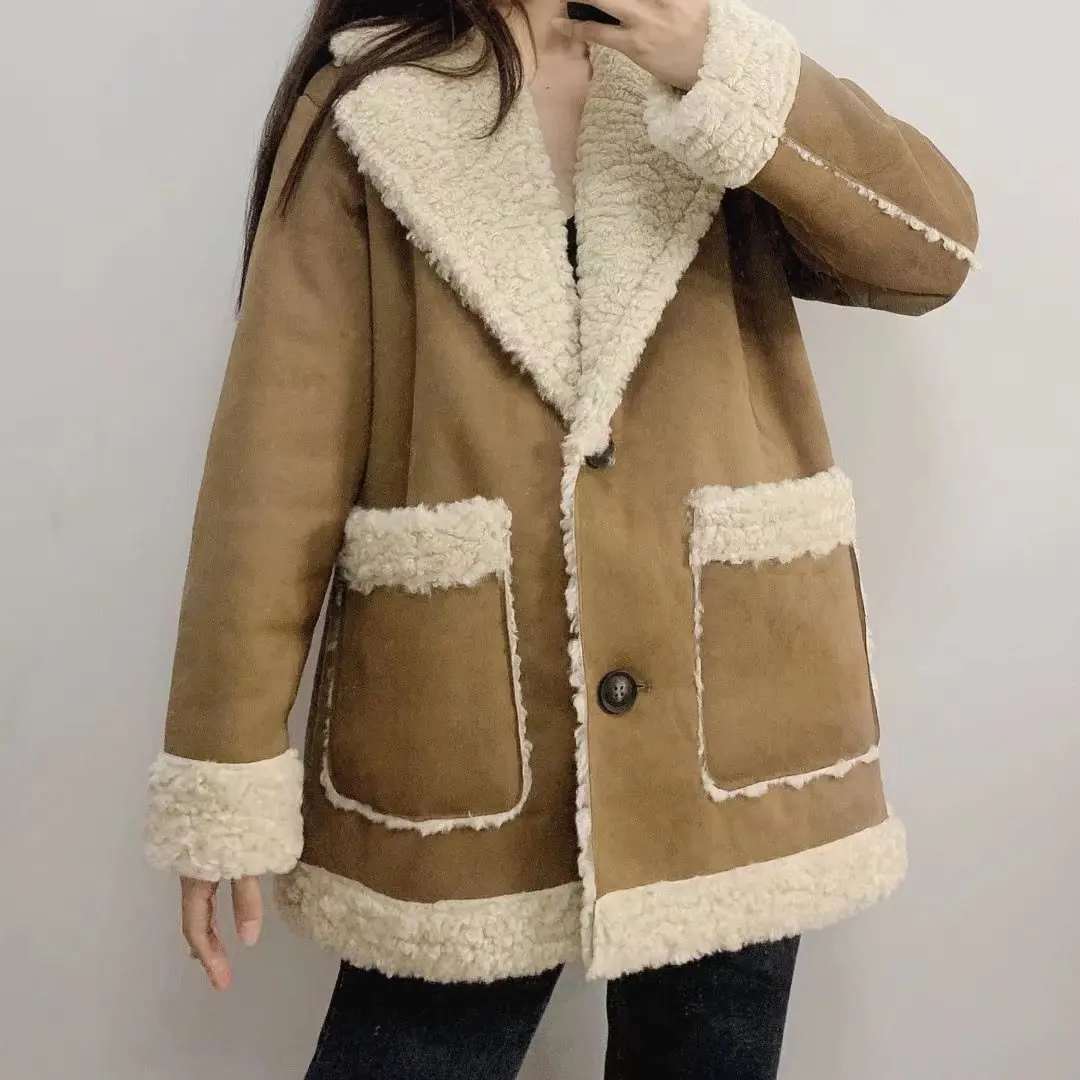 2022 Winter Women Warm Fur Reversible Fleece Coat Jacket Lamb Wool Thickened Locomotive Lapel Female Chic Outwear