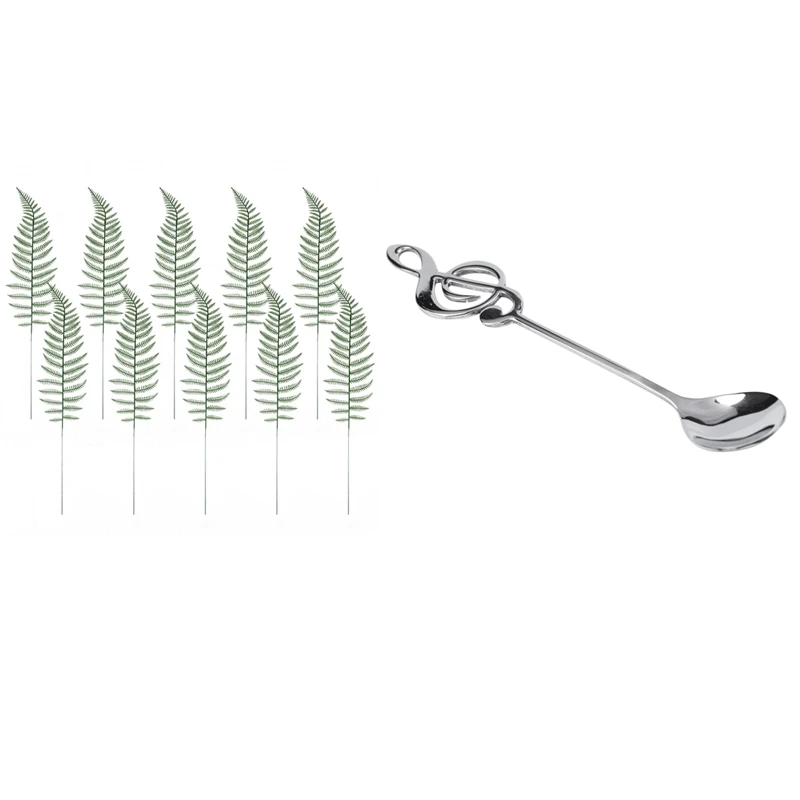 

10PCS Artificial Boston Fern Bush Faux Leaves Green Plants with 8Pcs Cute Music Theme Tea Stirring Spoon Coffee Spoon