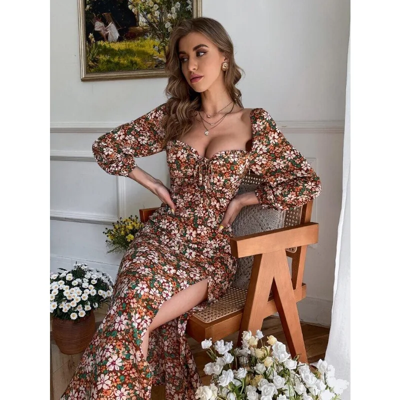 

Allover Floral Sweetheart Neck Split Thigh Dress Summer Women Dress Backless Zipper Long Sleeve Beach Wear Dress