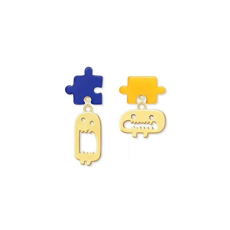2022 New Cute Asymmetry Blue Yellow Jigsaw Puzzle Earrings for Woman Cute Golden Big Mouth Blame Cartoon Dangle Earrings Jewelry images - 6