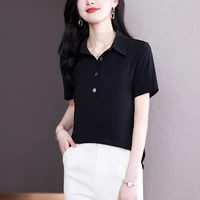 polo neck short sleeve cotton women blouses 2022 summer korean fashion clothing office lady thin pullover black shirts