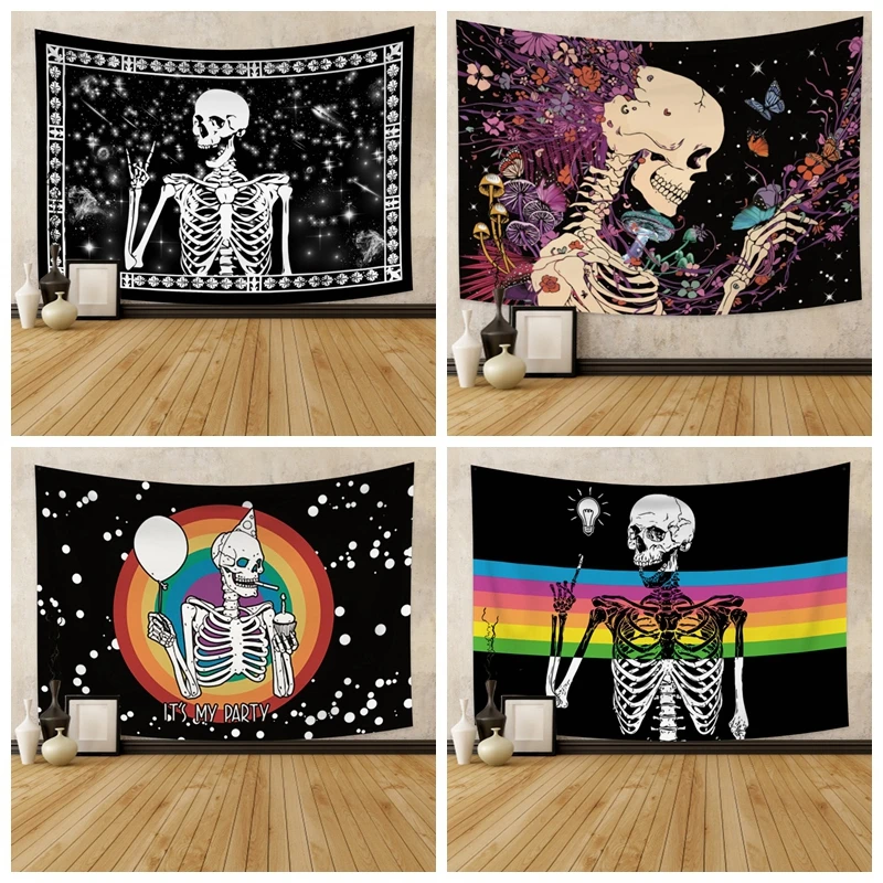 

Гобелен с изображением короля черепа, раздуманные цветы, луна, настенное одеяло, ковер, хиппи, гадания, Белый Скелет, произведение творчеств...