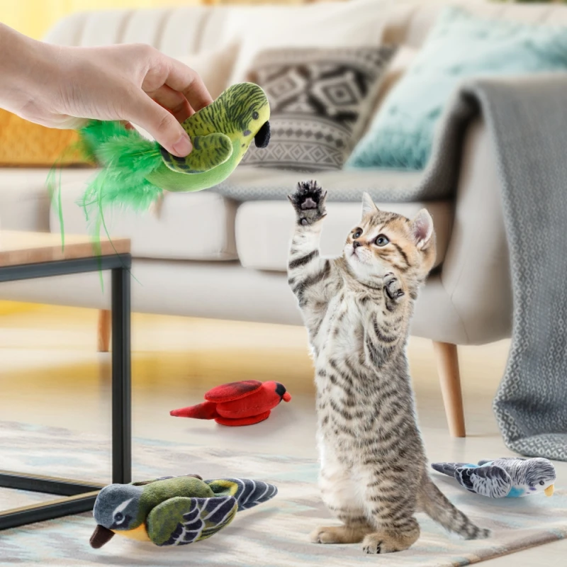 

Interactive Cat Toy Simulation Sparrow Bird Tease Cat Toys Sound Plush Feather Toys for Cats Playing Scratching Stuffed Toys