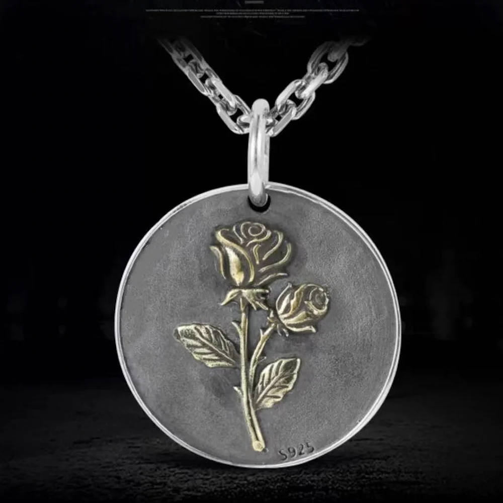 

Vintage accessories rose round coin pendant necklace for women fashion jewelry Thai silver letter men chain couple romantic gift