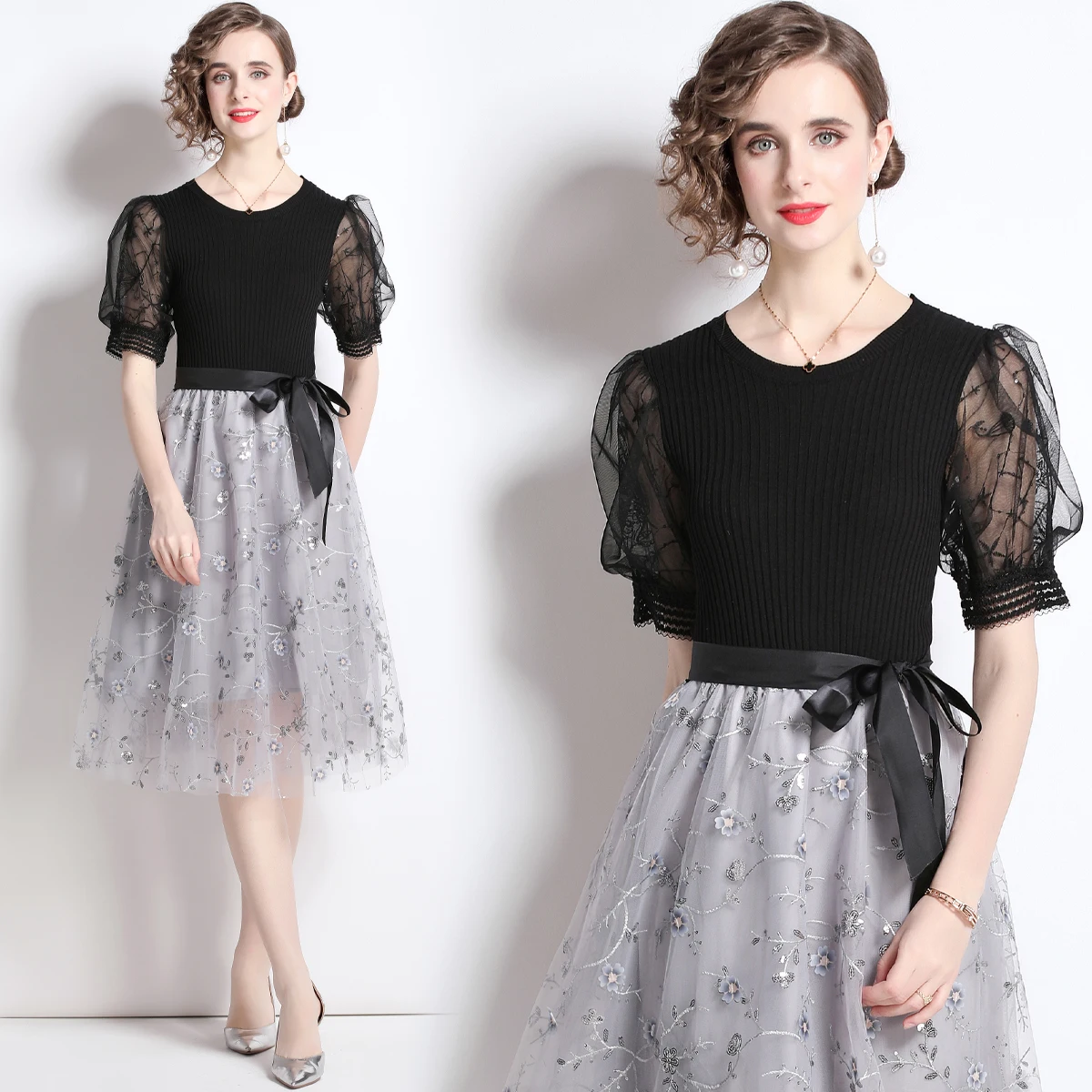 

2022 Women's Summer New High-end Temperament Round Neck Lantern Sleeve Knit Stitching Embroidery Mesh Lace Up Holiday Dress