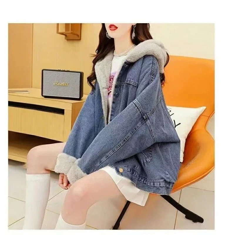 Осень-зима женская джинсовая куртка с капюшоном из чистого хлопка в стиле ретро