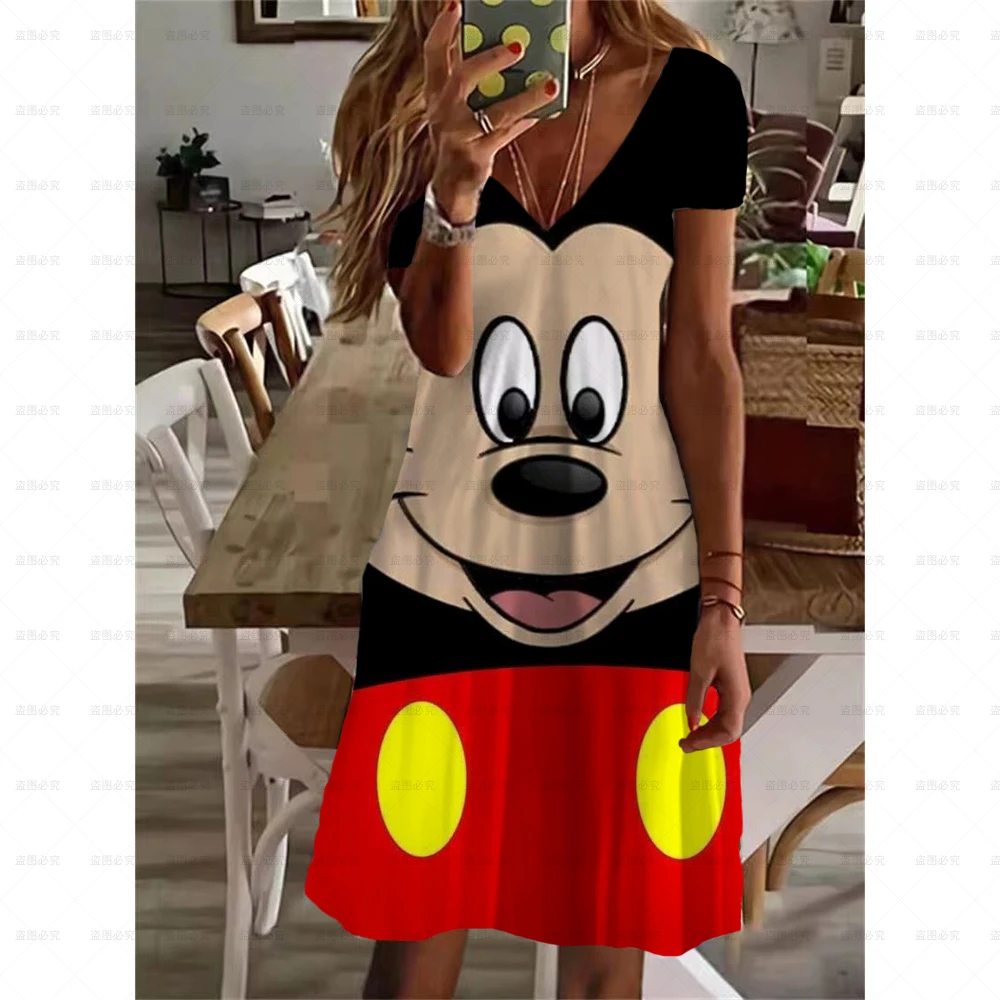 

vestidos de mujer New Summer Disney Minnie Women Short Sleeve Mini Dress Casual Party Evening V Neck High Waist Short Mini Dress