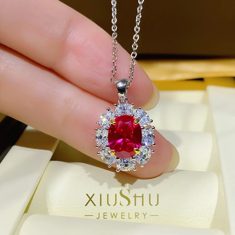 

Подвеска с имитацией рубина, серебряное ожерелье, подвеска Seiko, красное сокровище, 2 карата, цепочка до ключицы