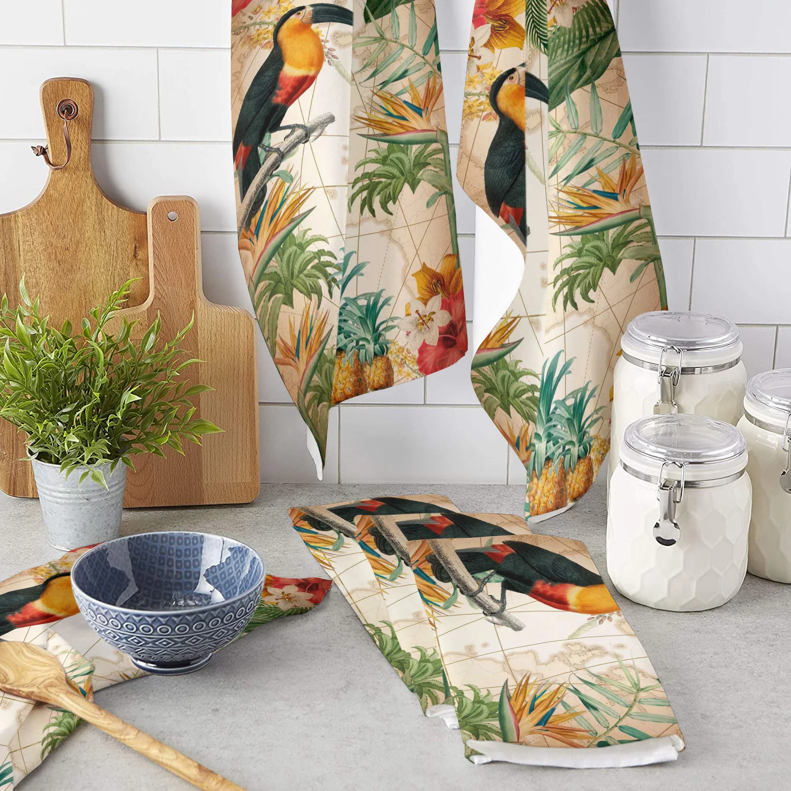 

Toucan Flower Fruit Pineapple Map Microfiber Kitchen Towel Absorbent Non-stick Oil Wiping Rag Home Cleaning Dishcloth