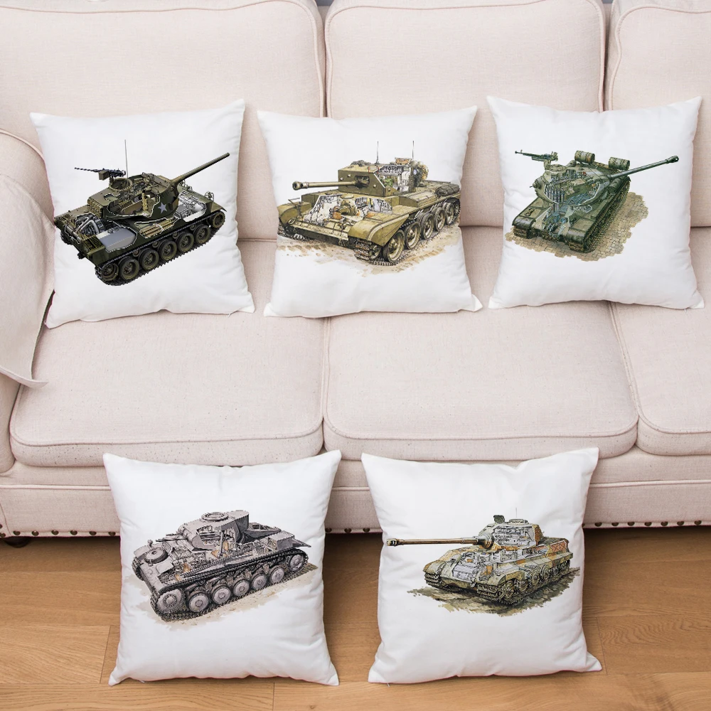

Cartoon Military Tank Pattern Cushion Cover Peach Skin Pillowcase Home Decor Pillowcase