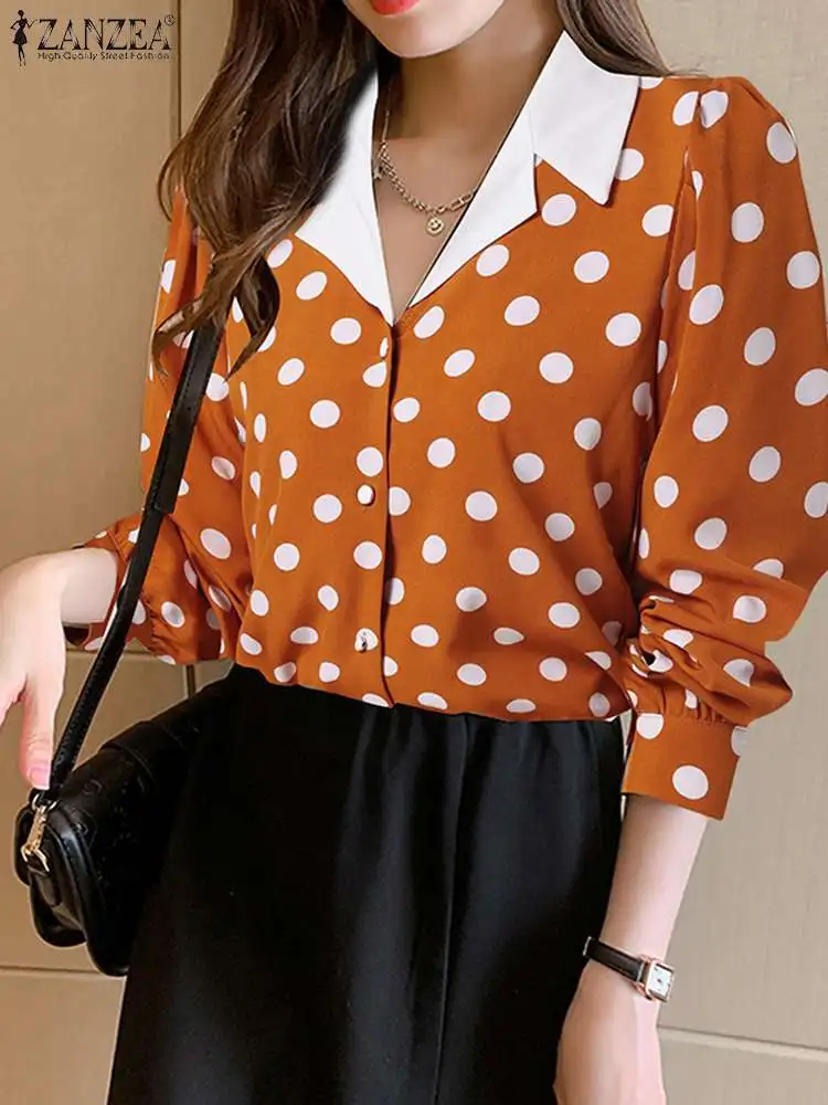 

ZANZEA Spring Fashion Shirt Elegant Women Polka Dot Printed Blouse Casual Female Long Sleeve Work OL Blusas Holiday Tops Chemise