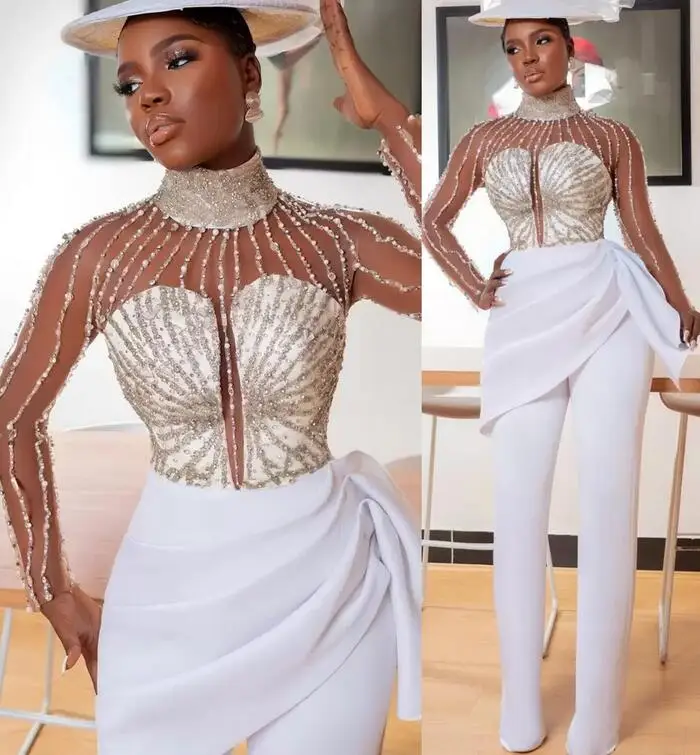 Illusion Long Sleeve Evening Jumpsuit 2022 High Neck Luxury Beaded African Aso Ebi Prom Dress with pant suit
