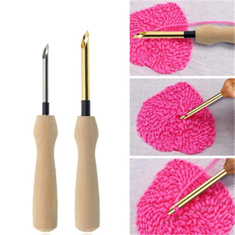 

1PC/2PCS Knitting Embroidery Pen Weaving Felting Craft Punch Needle Threader Wooden Handle DIY Tool Sewing Accessories