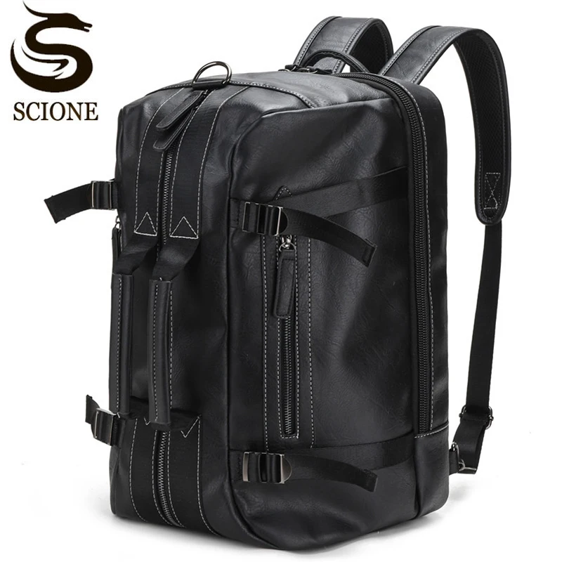 Men's Large Capacity PU Leather Backpack Laptop Shoulder School Bag Luggage Portable Travel Multifunction Handbag Weekend XA940M