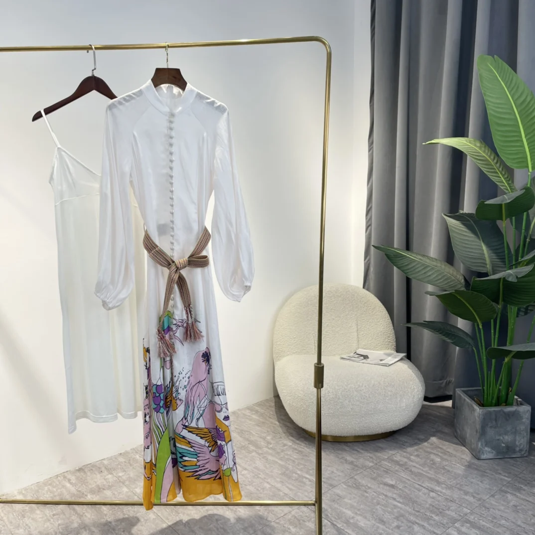 

Lady 2022 Spring Top Quality Botanical Rainbow Animals Figure Cartoon Printing Lantern Sleeve White Dress with Plaid Belt