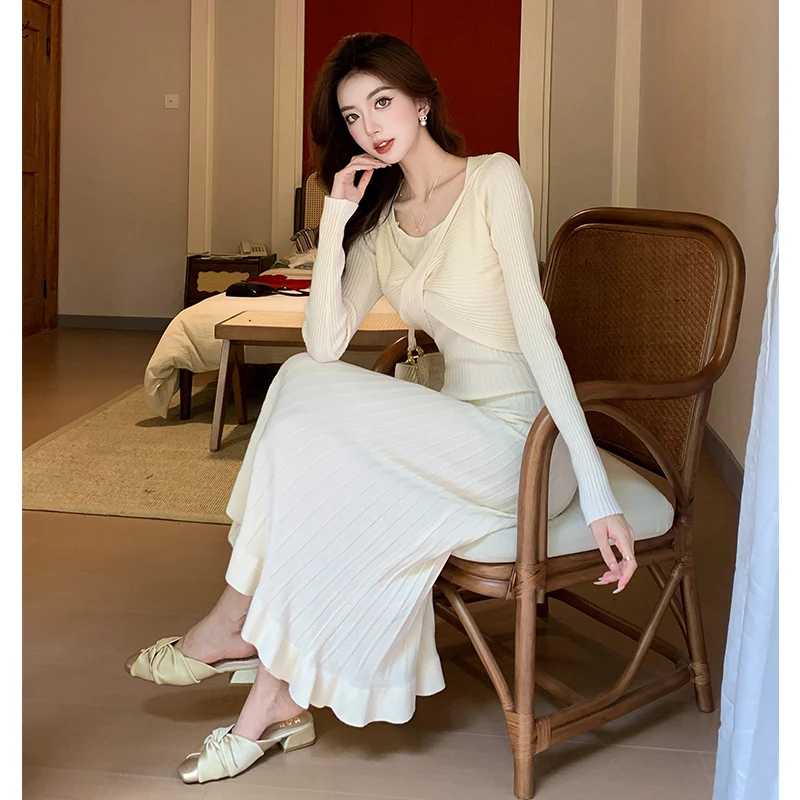 Coigarsam женское платье Весна 2024 однотонные вязаные платья с длинным рукавом и